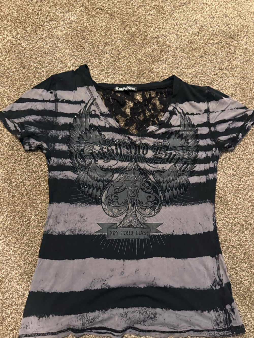 Crash and Burn Black and Gray Striped V-Neck Tee with Winged Graphic